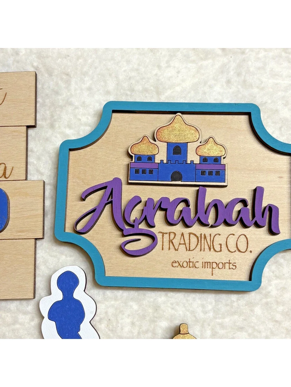lot of 6 Pcs Aladdin Tiered Tray Decor Set Wooden Signs - hand painted OOAK